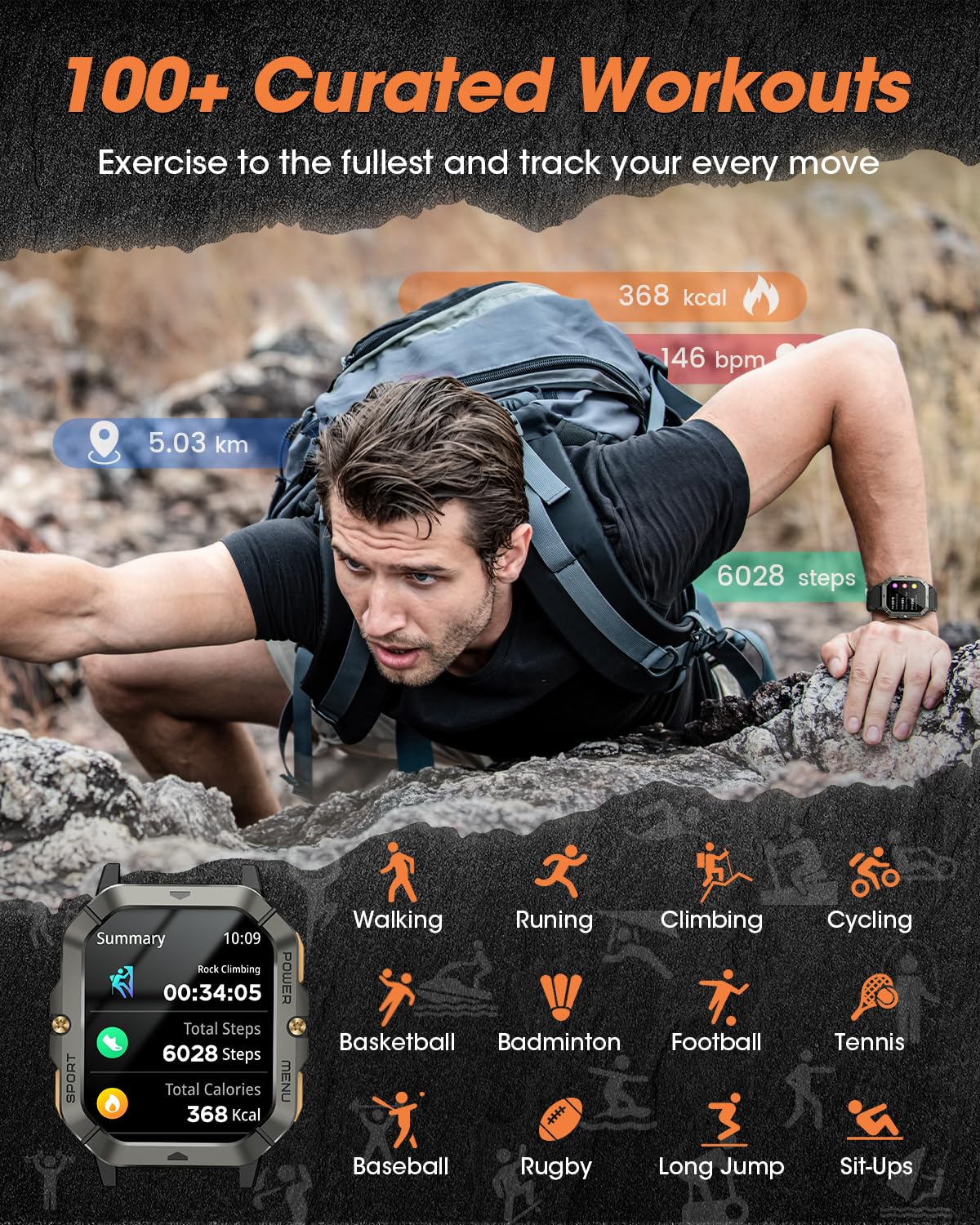Military Smart Watches For Men (Answer/Make Calls), 2.02 ' ' Fitness Smart Watch For Android And Iphone, Waterproof Fitness Trac